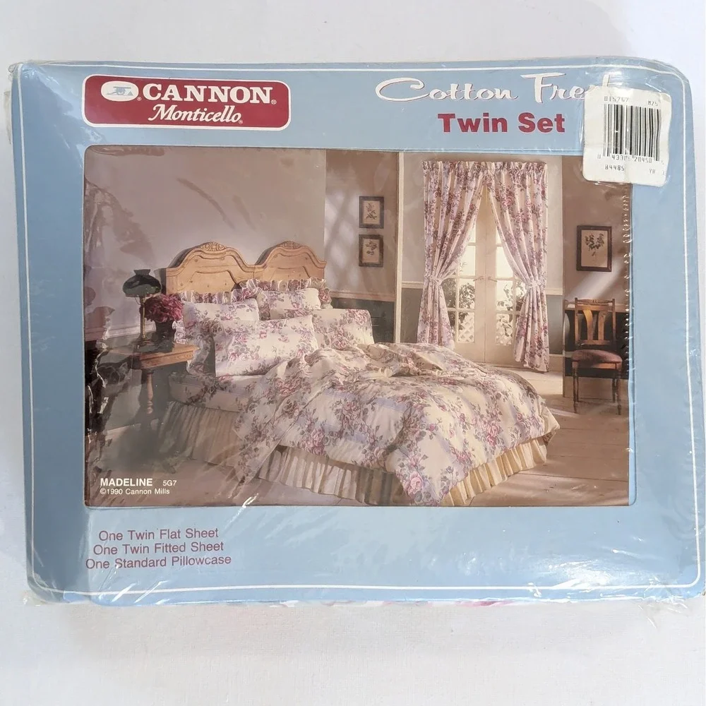 VTG Cannon Monticello Madeline 3 Pc Twin Sheet Set Cottage Floral Blue Stripe